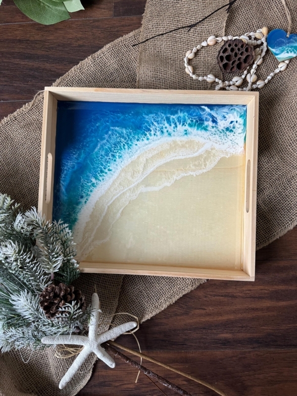 Beach Themed Serving Tray with Textured Sand and Resin Wave Inlay