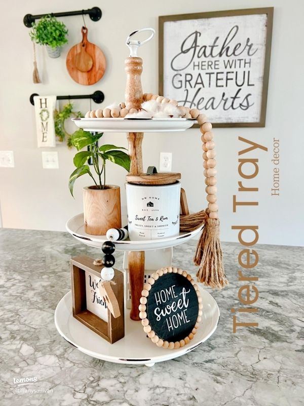 Beaded Garland Tiered Tray with Miniature Signs, Tiered Tray Styling.