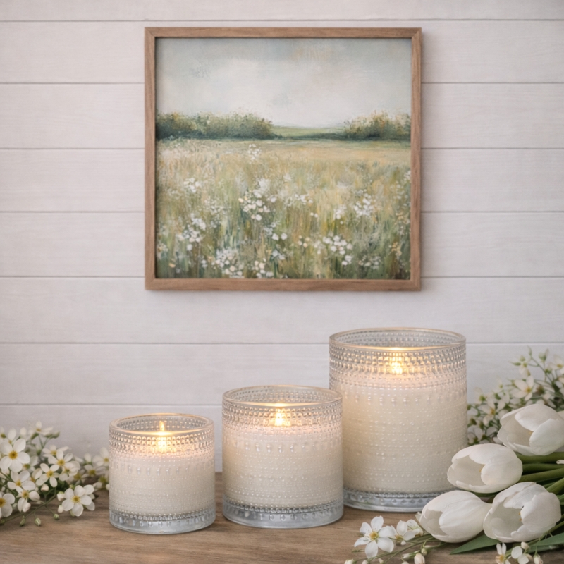 Beaded Glass Flameless Candle, Cream Battery Operated Rustic Decor