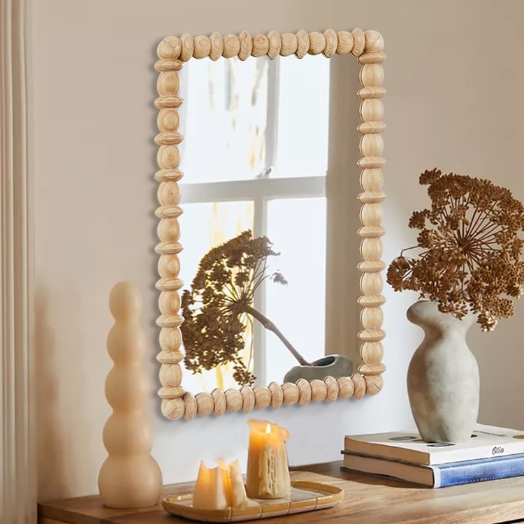 Beaded Rectangular Wall Mirror with Double Row Wooden Frame