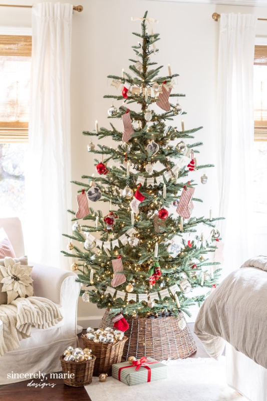 Bedroom Christmas Tree with Warm White Lights and Orange Ornaments