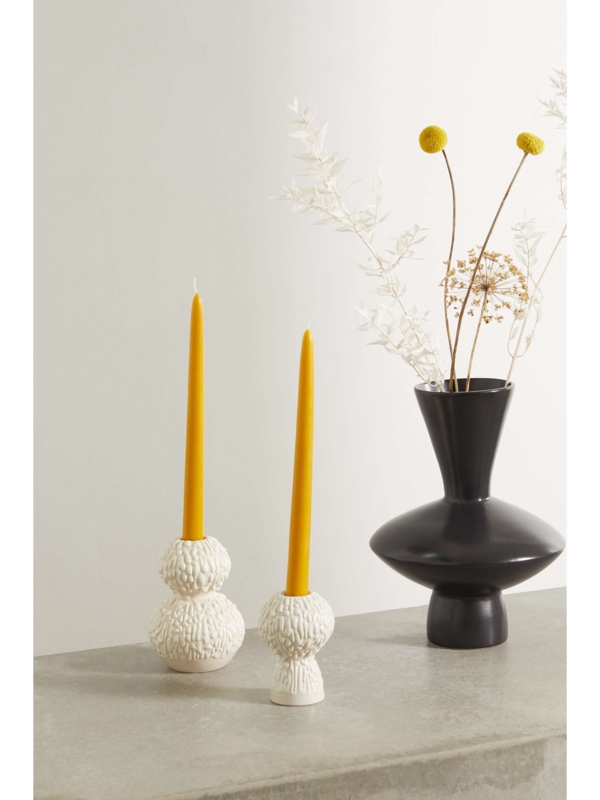 Biomorphic Glazed Ceramic Taper Holders Asymmetrical Set Off-White
