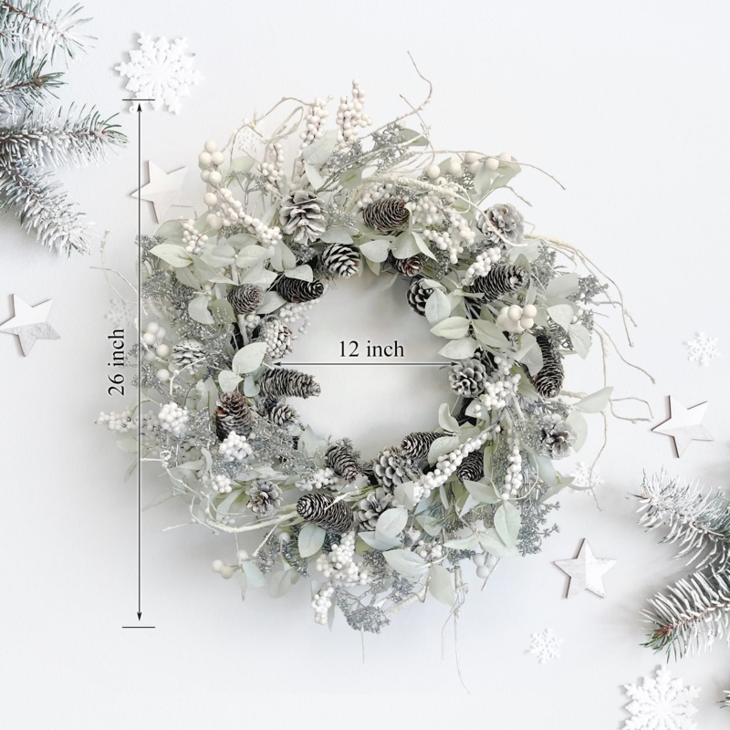 Birch Branch Wreath with Frosted Pine Cones and White Berries