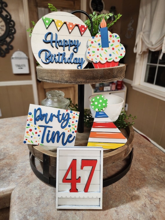 Birthday Tiered Tray Decor Set with Gnome and Gumball Machine Props