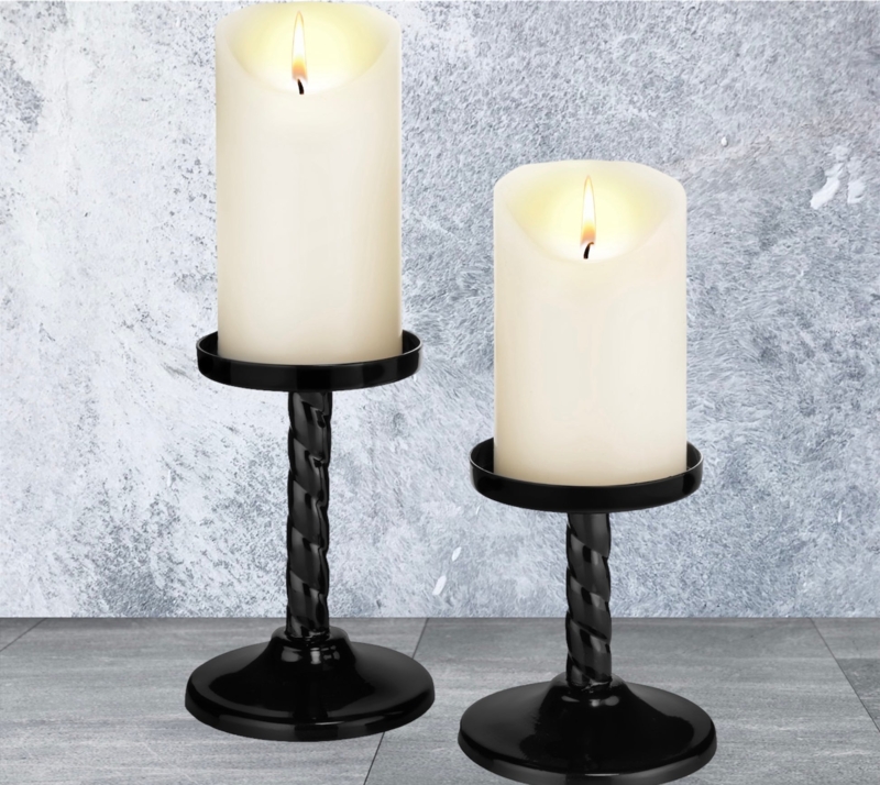 Black Candle Holder Set: Matte Turned Posts with Tiered Bases