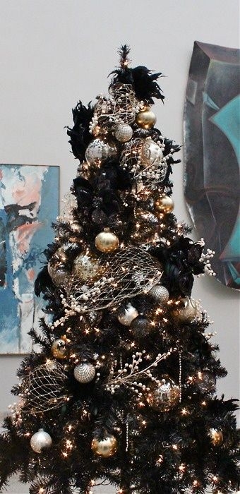 Black Christmas Tree Gold Silver Palette Gothic Holiday Decor