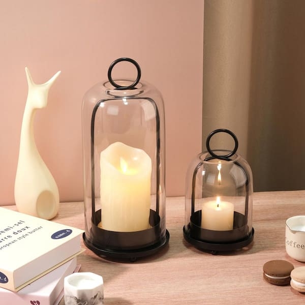 Black Cloche Candle Holder Set Glass Dome Matte Metal