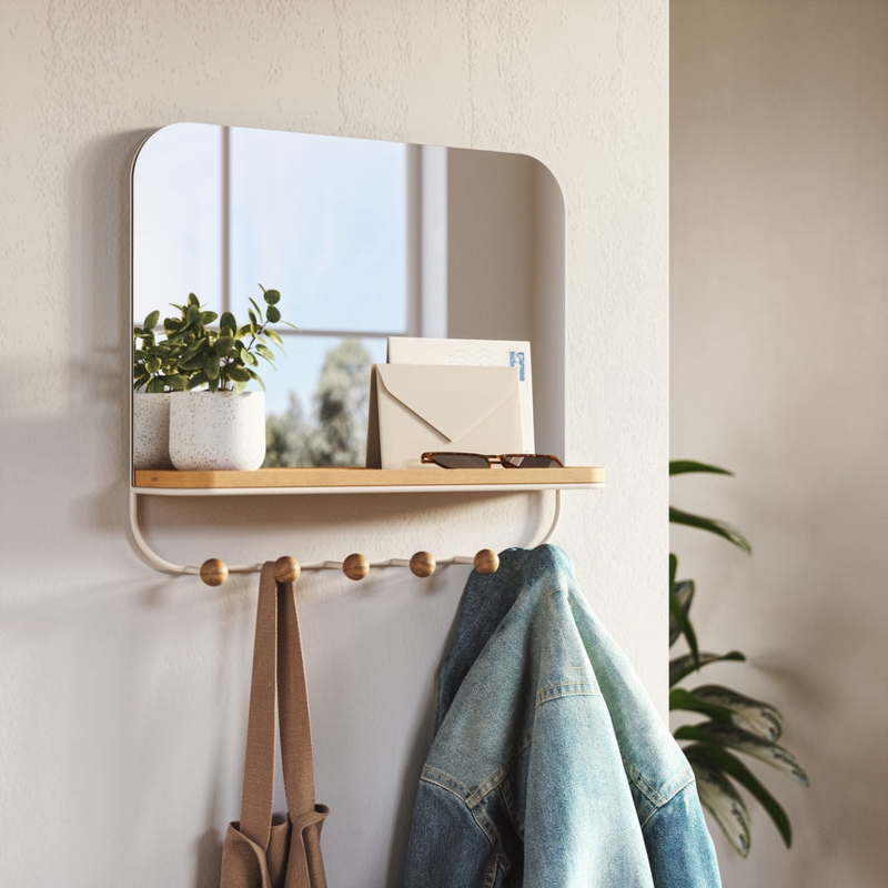 Black Metal Grid Wall Coat Rack with Circular Mirror and Wood Peg Hooks