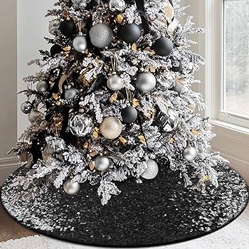 Black Sequin Tree Skirt Glitter Finish Festive Holiday Decor