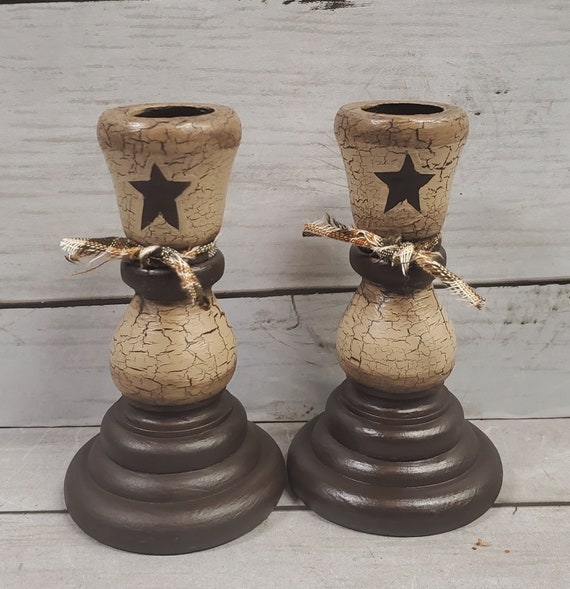 Block Candle Holders Crackle Painted Finish Star Motif Rustic Farmhouse