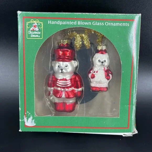 Blown Glass Christmas Ornaments Hand Painted Bear Shape Vintage