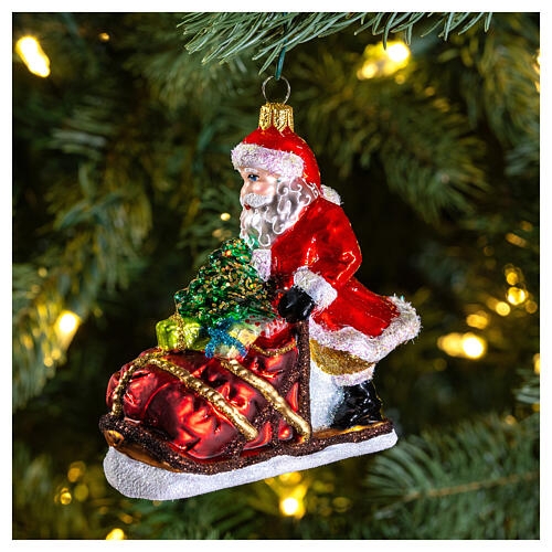 Blown Glass Santa on Sled Ornament Glitter Accents Festive Decor