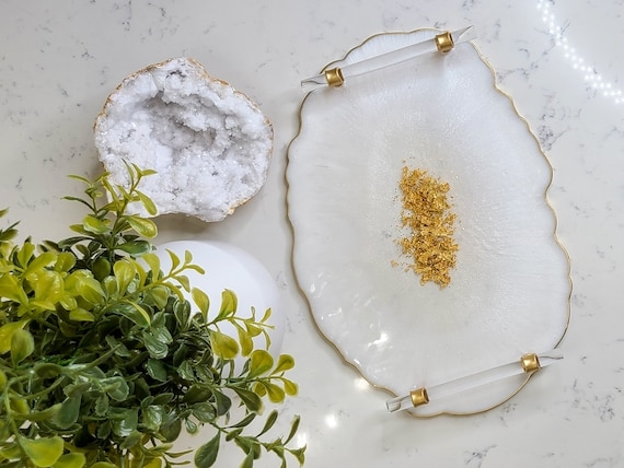 Blue Geode Resin Tray with Crystal Inclusions, Glam Organic Decor