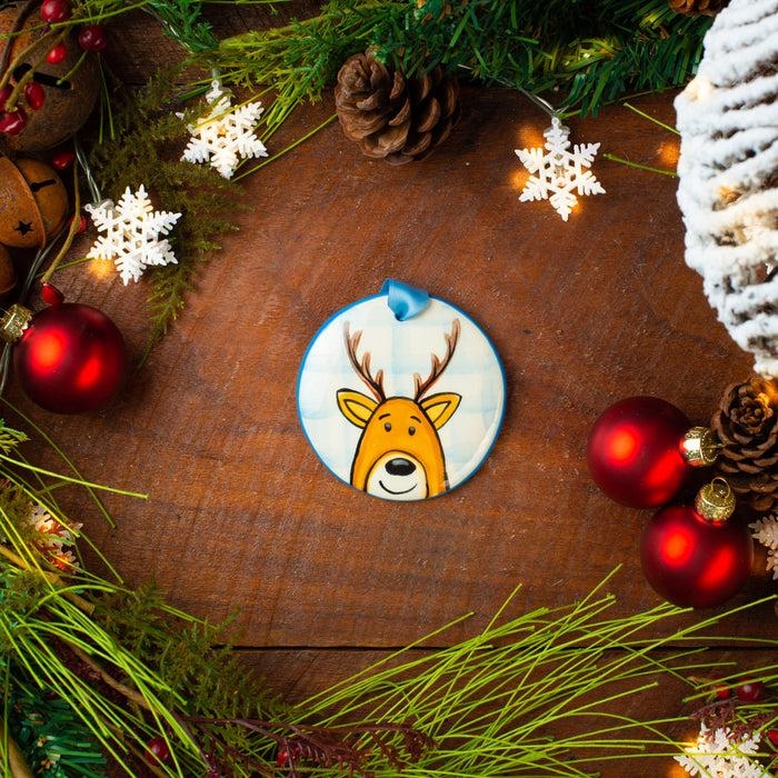 Blue Plaid Ornament Flat Profile Reindeer for Navy Check Christmas Decor