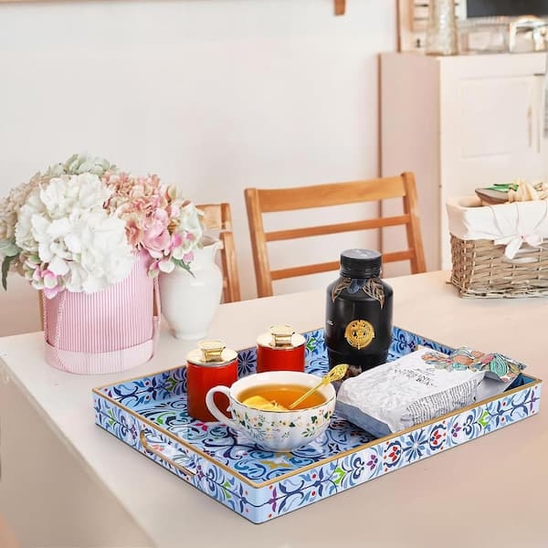 Blue Plastic Serving Tray with Boho Floral Pattern and Cutout Handles