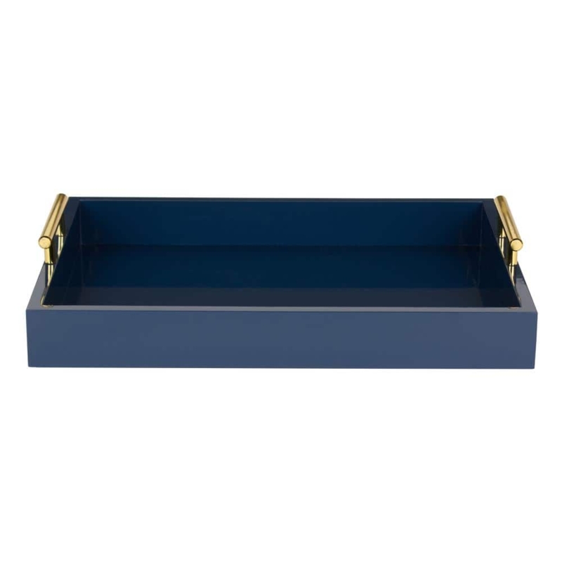 Blue Rectangular Decorative Tray Polished Gold Metal Handles Satin
