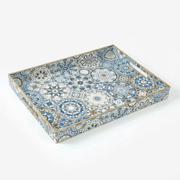 Blue Rectangular Tray with Distressed Boho Pattern and Cutout Handles