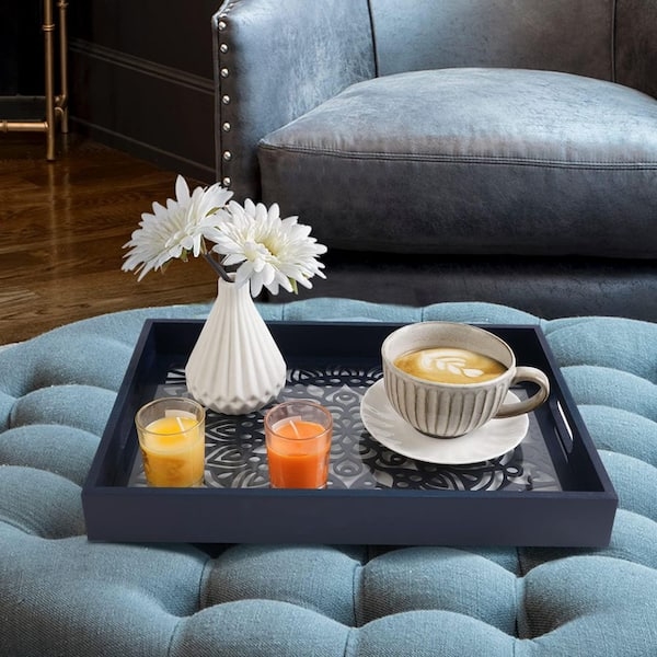 Blue Wood Serving Tray Rectangular Polished Gold Metal Handles