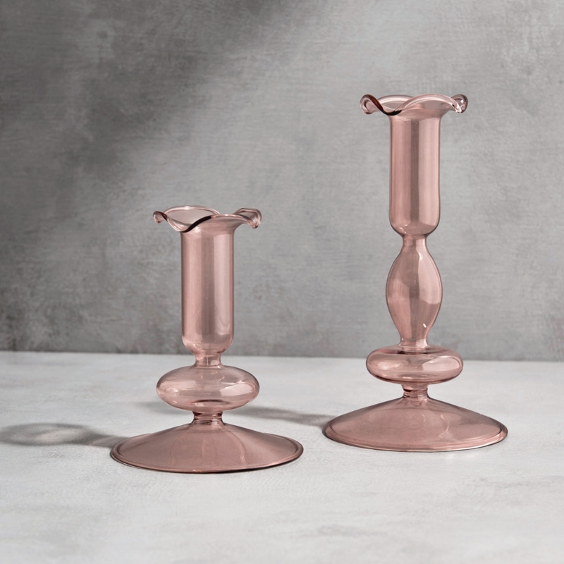 Blush Pink Glass Taper Candle Holder Set with Fluted Stem