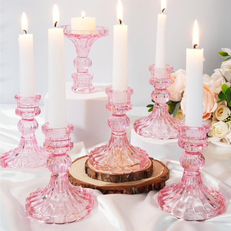 Blush Pink Ribbed Glass Candlestick Holder Set Three Heights