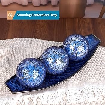 Boat Shaped Silhouette Cobalt Blue Ceramic Tray with Mosaic Glass Orbs