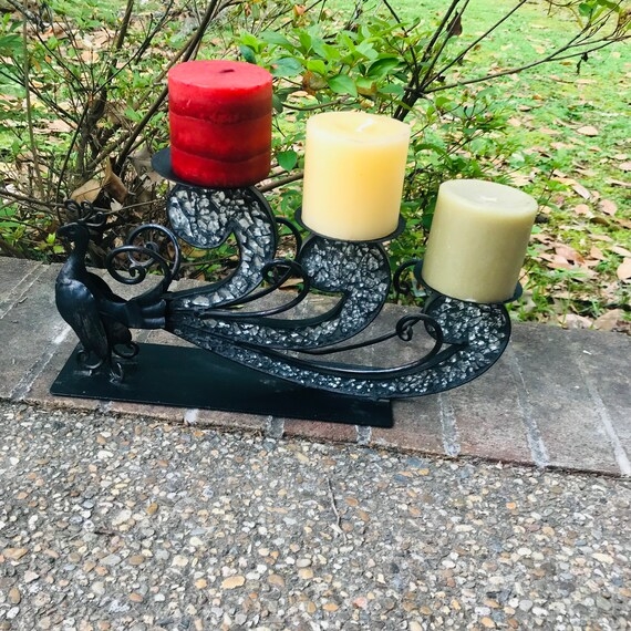 Bohemian Three Tier Pillar Candle Holder with Peacock Mosaic Glass
