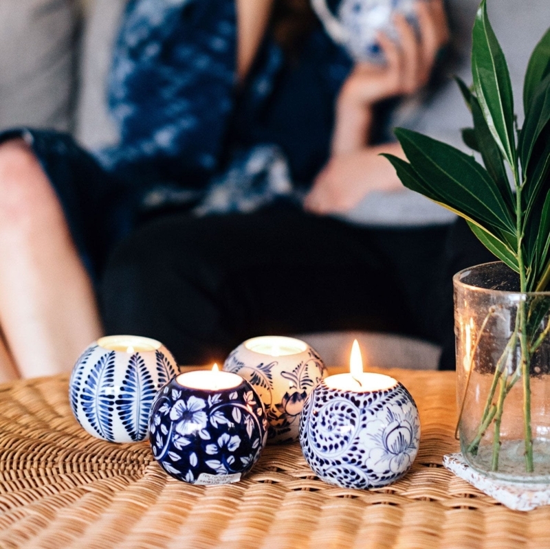 Boho Floral Tea Light Holder Perforated Ceramic Cylindrical Cream