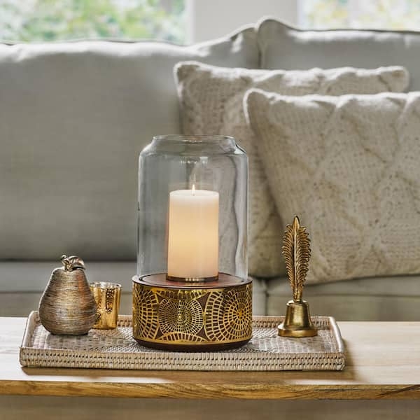 Boho Hurricane Holder with Circular Metal Mesh and Mango Wood Rims