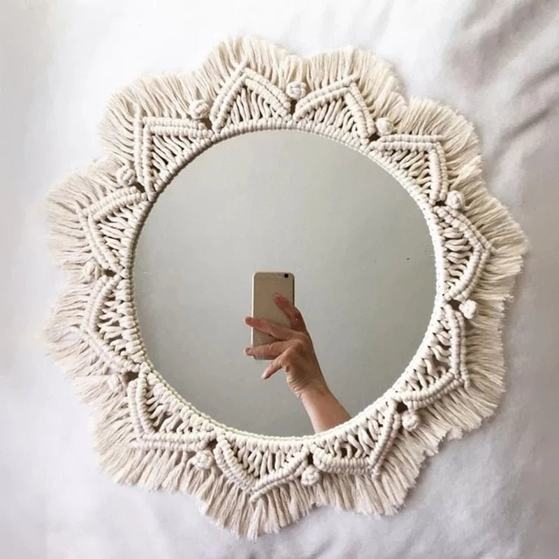 Boho Round Wall Mirror with Off-White Macrame Fringe and Leaf Details