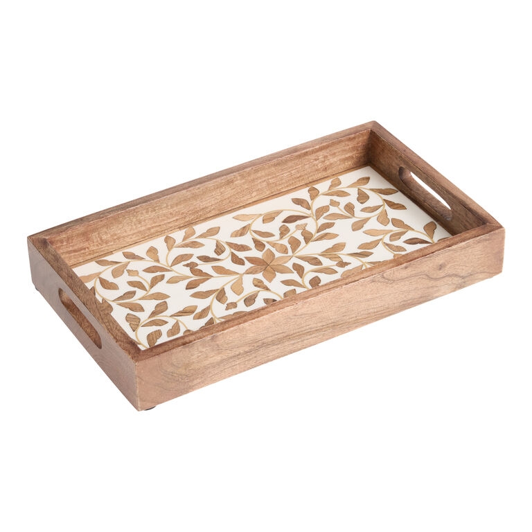 Boho Round Wood Serving Tray with Floral Inlay Pattern