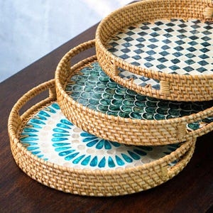 Boho Round Woven Serving Tray with High Rim and Cutout Handles