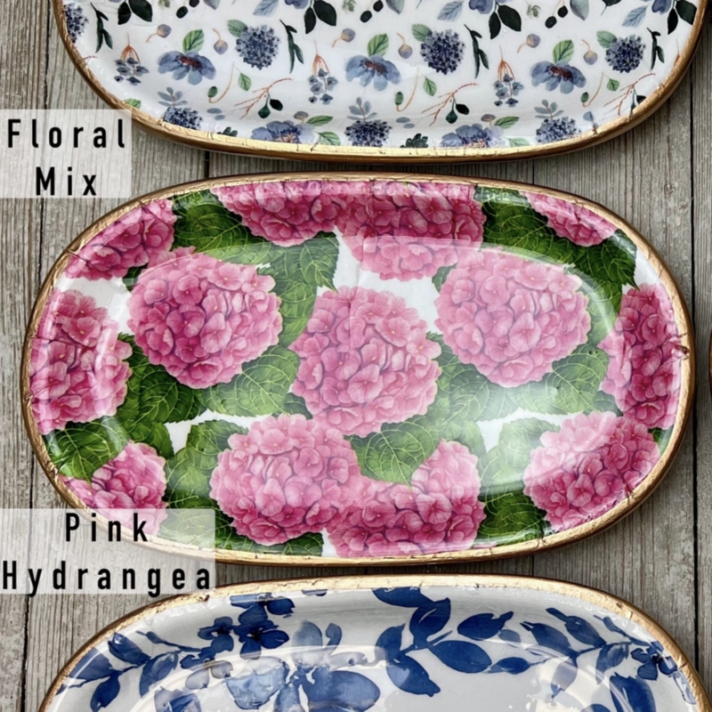 Botanical Decoupage Ceramic Trays with Gold Rim, Floral Print Catchall