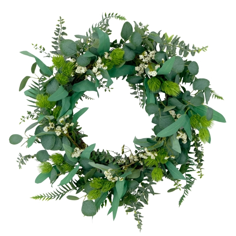 Botanical Spring Wreath with Eucalyptus Leaves and White Floral Accents