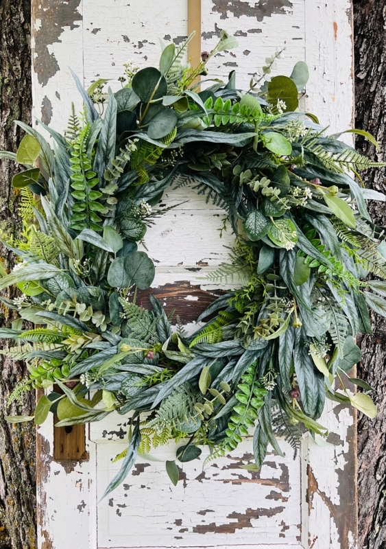 Botanical Wreath with Mixed Foliage on Teal Door, Farmhouse Style Decor.