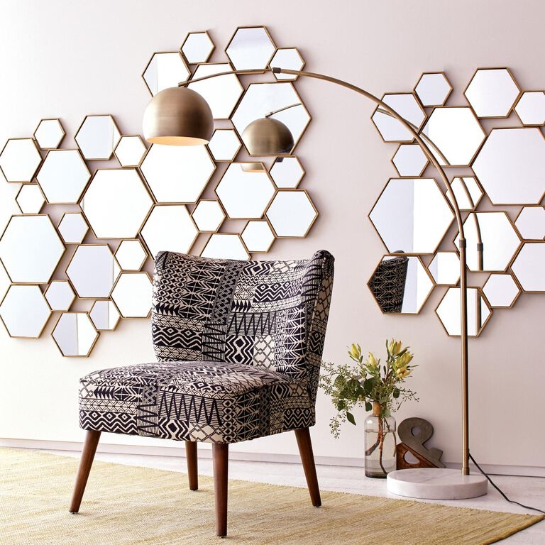 Brass Accent Mirror: Mid-Century Modern Hexagon Vertical Panel Arrangement