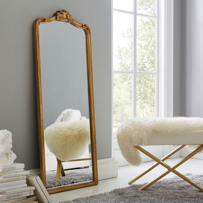 Brass Full Length Mirror with Ornate Filigree Crown and Scrolled Base