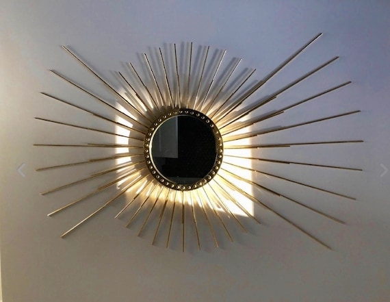 Brass Sunburst Wall Mirror with Radiating Spikes for Mid-Century Glam Decor