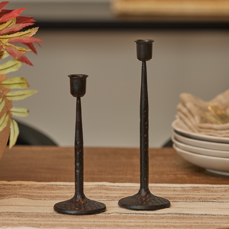 Bronze Taper Candle Holders: Wrought Iron Pair, Scrollwork Base