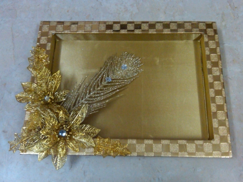 Brown Leather-Like Decorative Tray with Gold Filigree Trim and Handles.