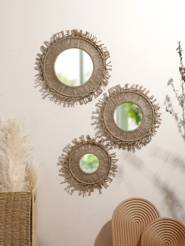 Brown Macrame Round Wall Mirror with Fringe and Geometric Weave