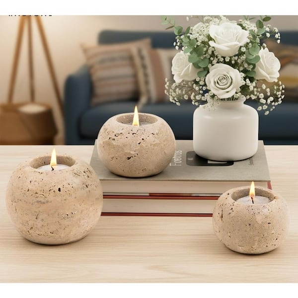 Brown Stone Tealight Holder Set, Natural Veining, Organic Modern Decor.