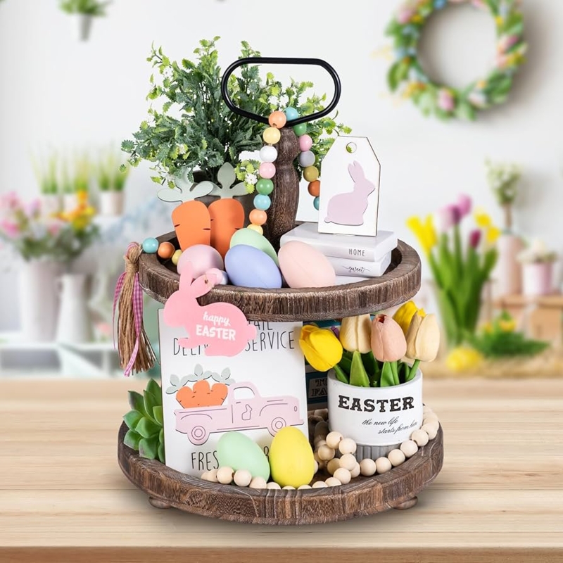 Brown Wooden Tiered Tray with Turned Spindle for Rustic Display