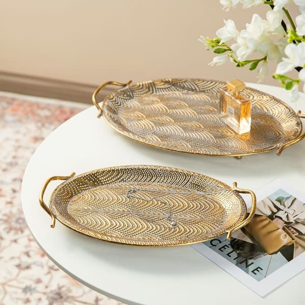 Brushed Metallic Oval Tray Set Integrated Handles Nested