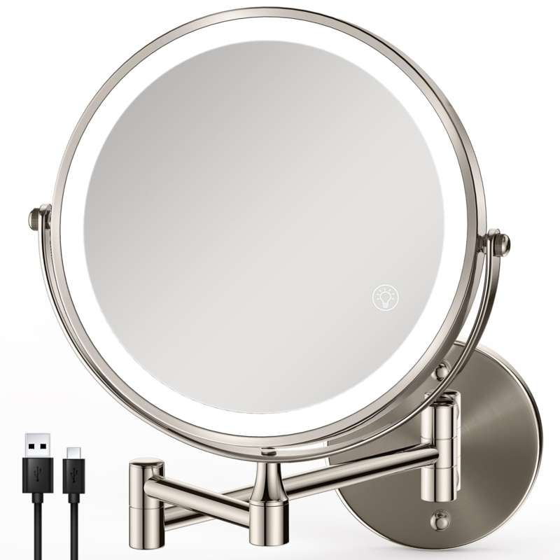 Brushed Nickel Lighted Makeup Mirror, Folding Extension Arm, Wall Mount