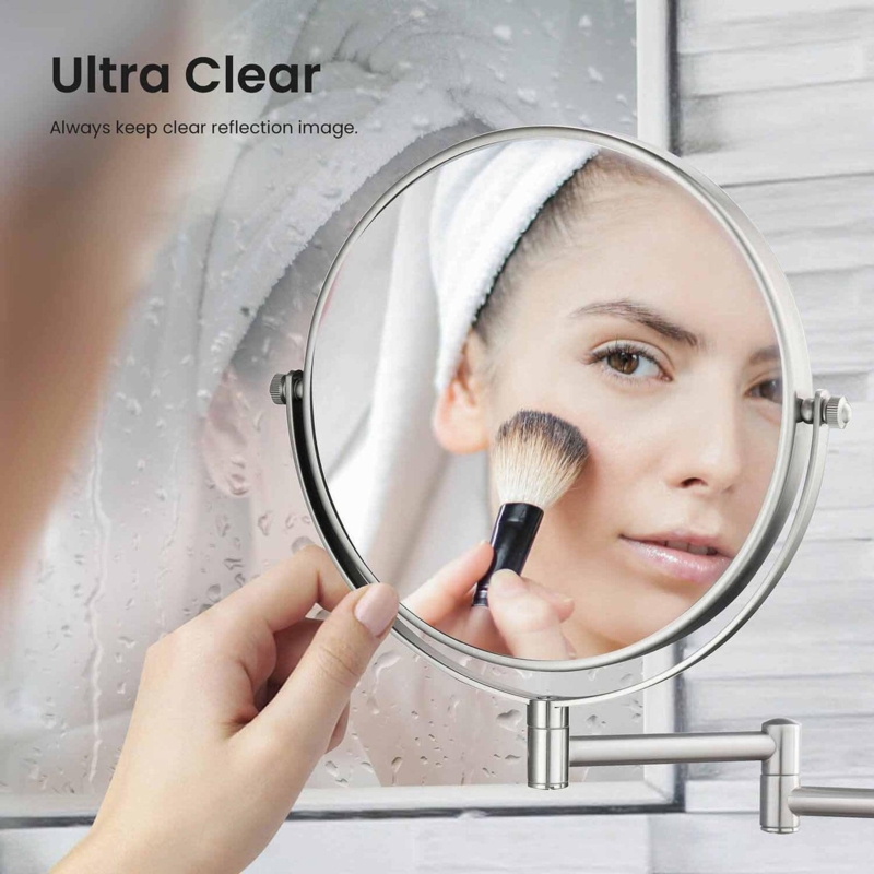 Brushed Nickel Magnifying Mirror, Extendable Accordion Arm, Wall Mount