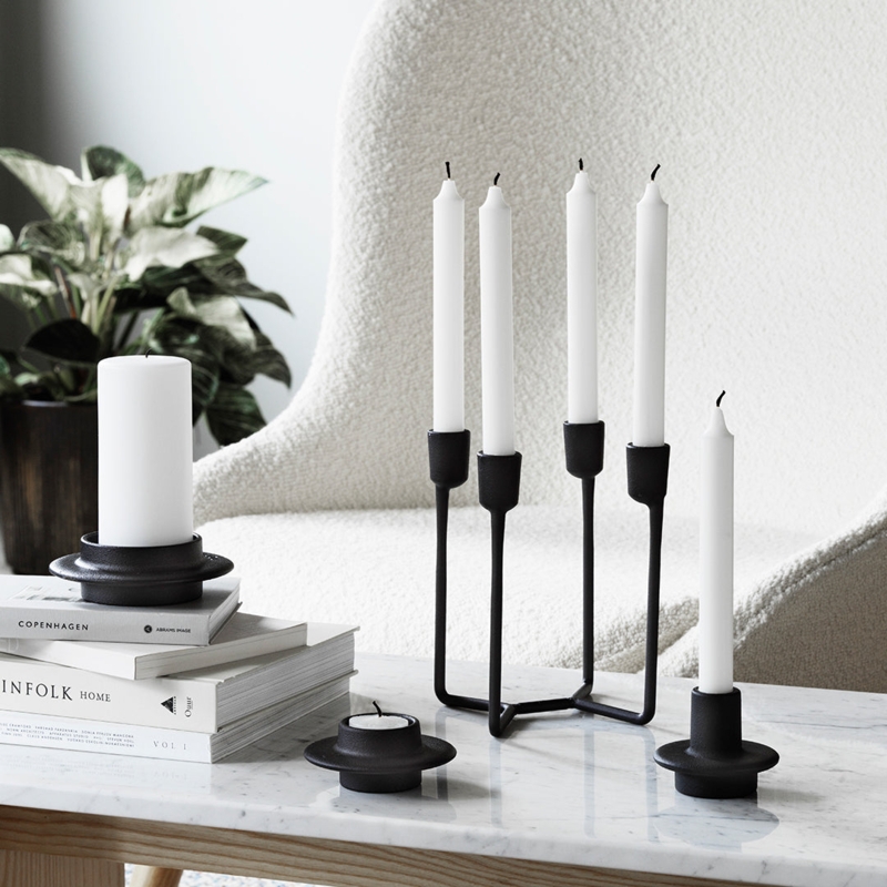 Brutalist Black Candle Holder Set Matte Textured Metal Sculptural