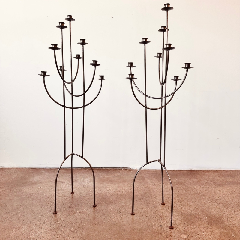 Brutalist Floor Candelabra Set Eight Candle Staggered Height Iron