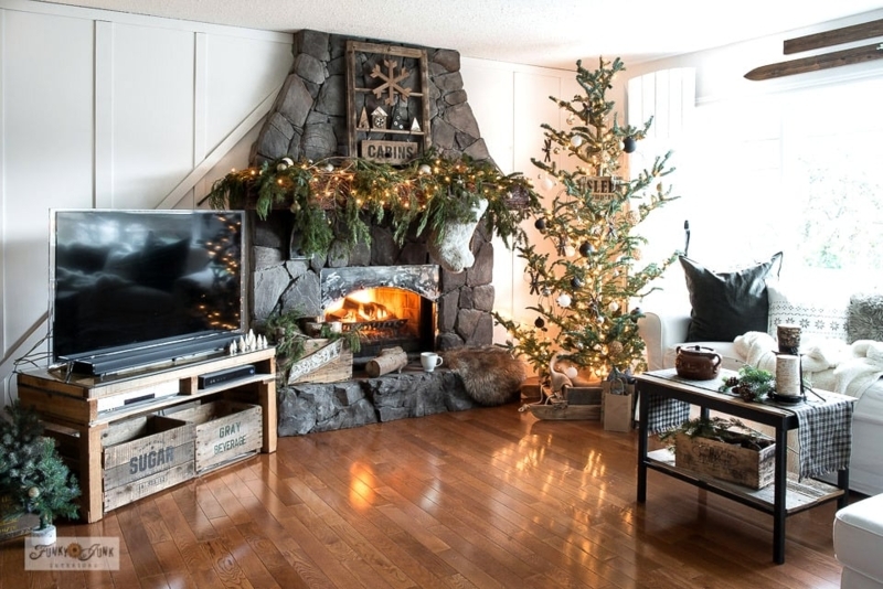 Cabin Living Room Decor with Stone Hearth and Tartan Holiday Textiles