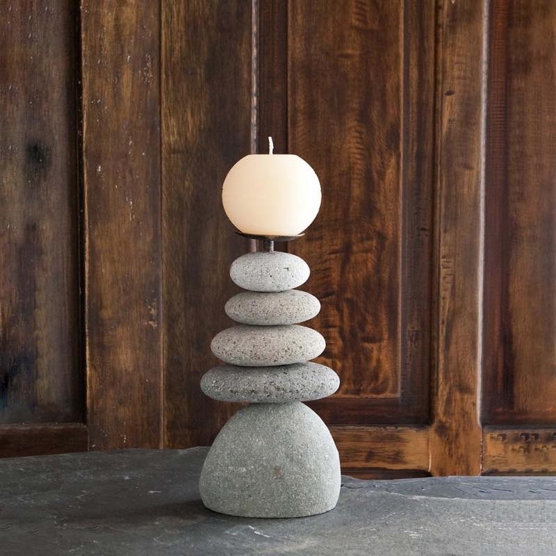 Cairn Style Candle Holder Set, Earthy Zen Decor, River Rock Material