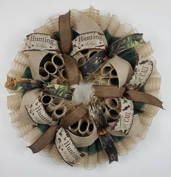Camouflage Wreath with Hunter Silhouette Sign, Rustic Lodge Door Decor